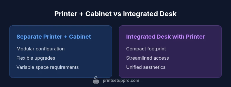 Comparison infographic of separate printer + cabinet vs integrated desk