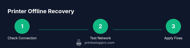 Infographic showing a 3-step process to fix printer offline: check connection, test network, apply fixes