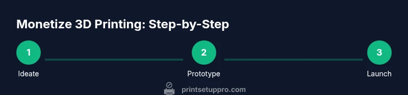Infographic showing a process: Ideate, Prototype, Launch for monetizing 3D printing.