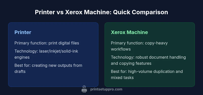Two-panel infographic comparing printer vs Xerox machine with emphasis on function and use cases