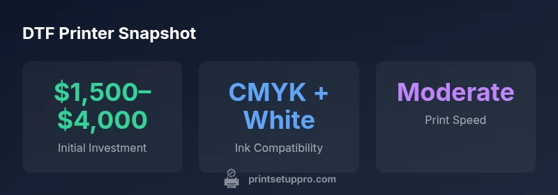 DTF printer statistics infographic showing investment, ink compatibility, and speed