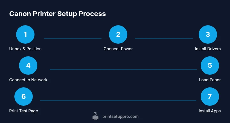 Infographic showing a step-by-step Canon printer setup process