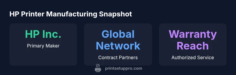 Infographic showing HP printer manufacturing: HP Inc. as primary maker, global contract network, and warranty reach.