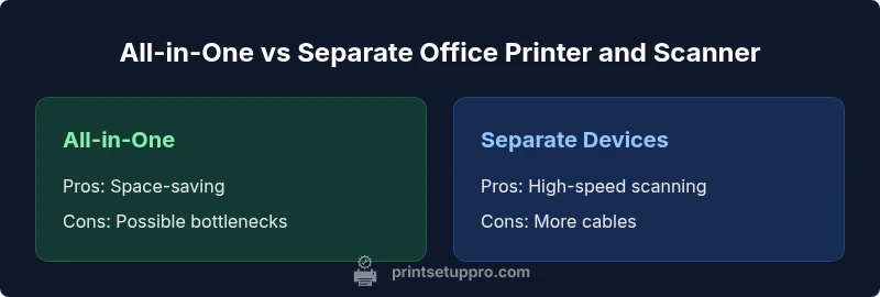 Comparison infographic of all-in-one vs separate office printer and scanner