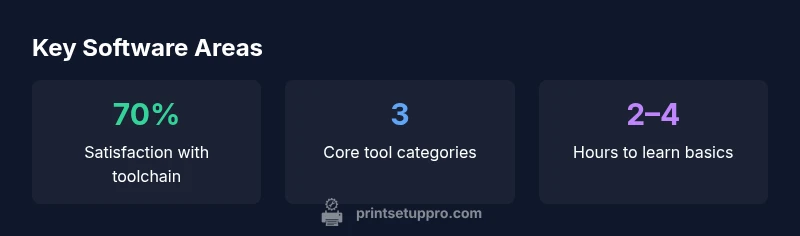 Infographic showing essential software areas for 3D printing workflow and typical learning curve
